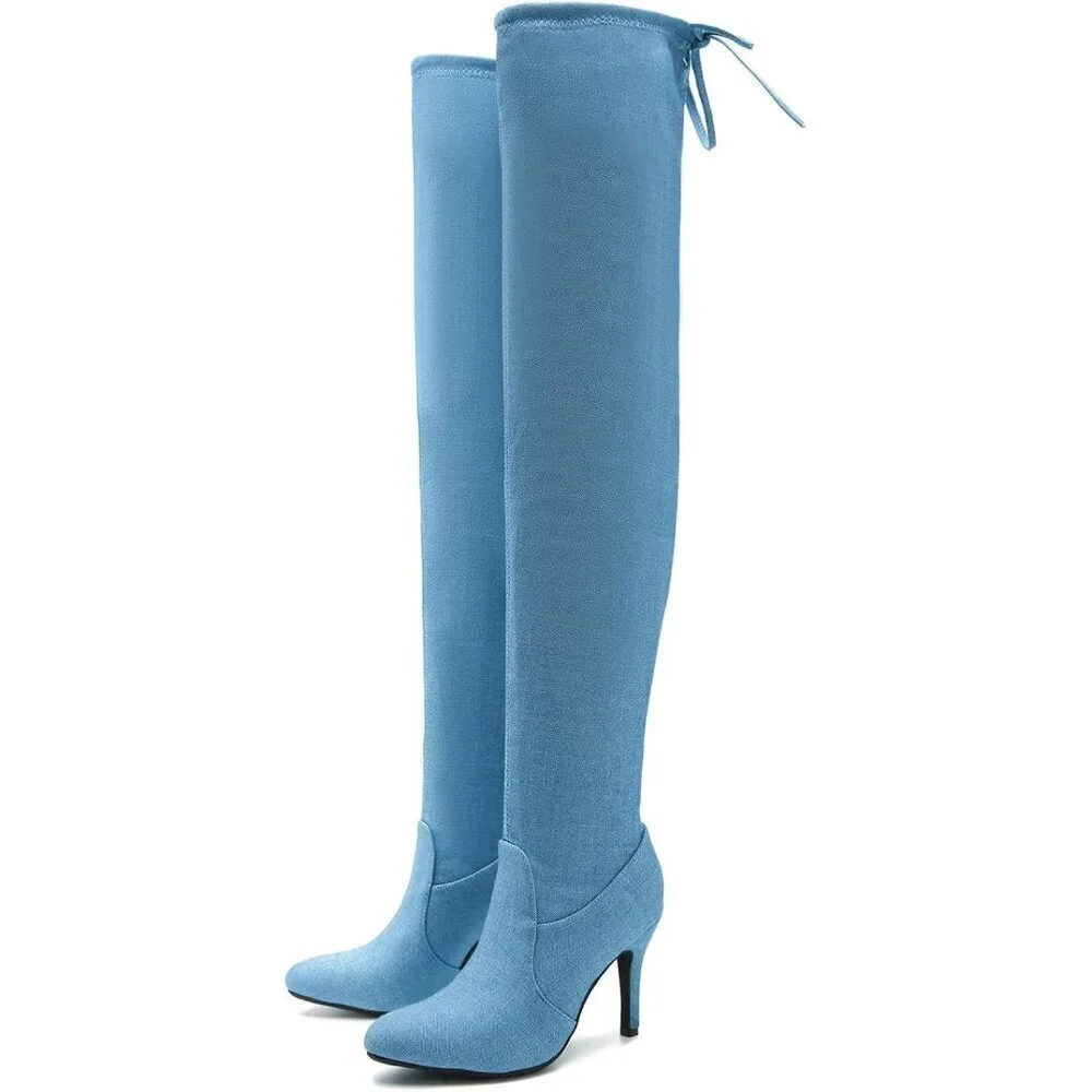 Women Blue Polyurethane Pointed Toe Over The Knee Thigh High Stiletto Heel Boot